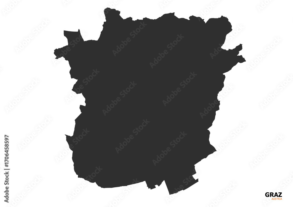 Obraz premium A black silhouette vector map of Graz, featuring clear outlines of the city's boundaries and key geographical features.