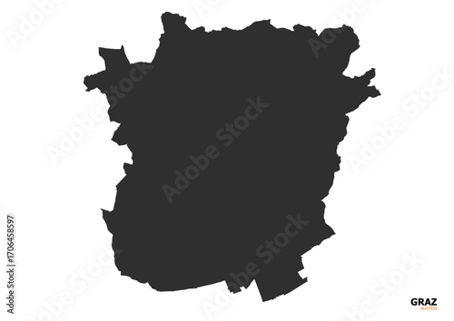 A black silhouette vector map of Graz, featuring clear outlines of the city's boundaries and key geographical features.