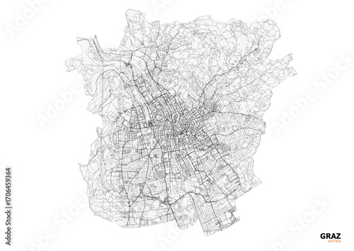 A minimalist black and white vector map of Graz’s highways and key road networks for clear design and navigation.