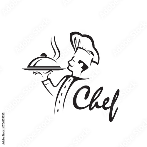 chef with tray of food in hand isolated on white background