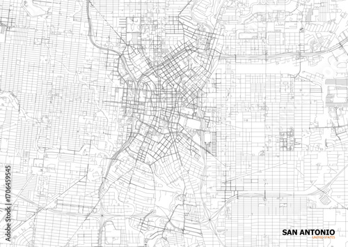 A detailed close-up vector map of San Antonio's highway interchange and road network in black and white outline style.