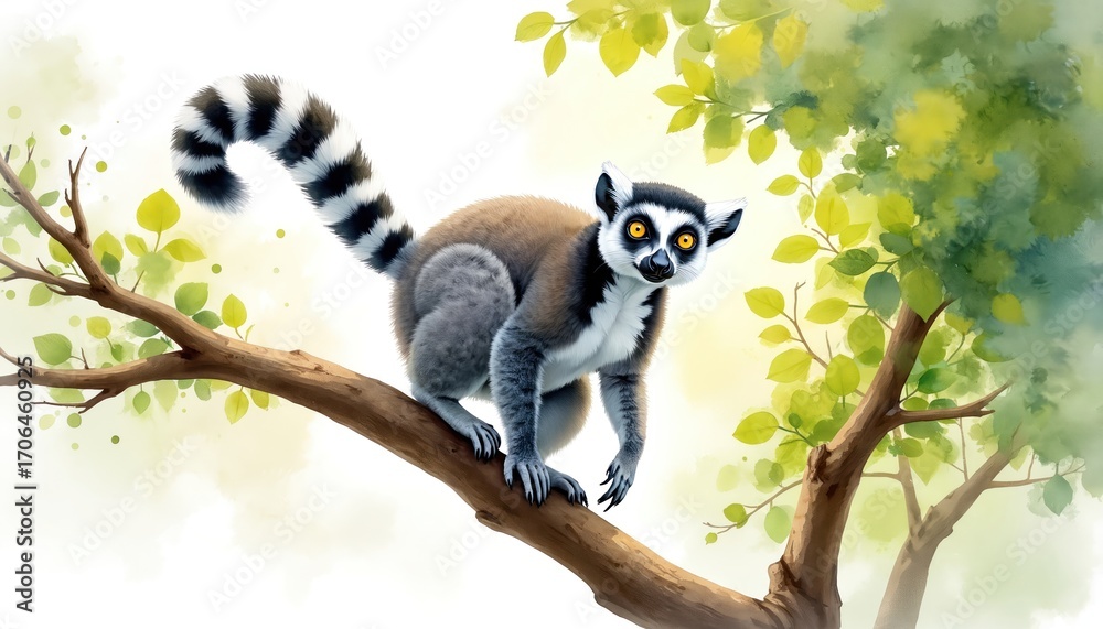 Obraz premium Playful ring-tailed lemur balances on tree branch amid green foliage. Watercolor illustration captures wildlife. Colorful, cute primate in tropical forest habitat. Detailed fauna portrait