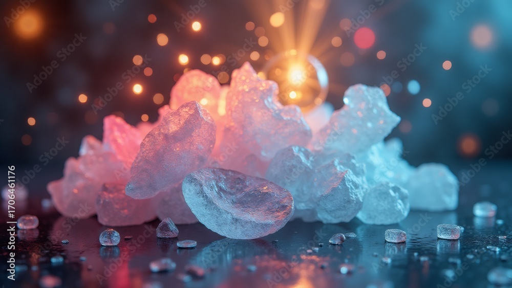 Obraz premium Crystalline structures illuminated by red and blue lights on dark surface
