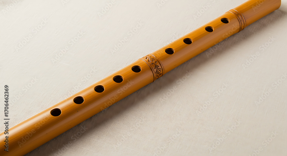 Naklejka premium Close-up of a Traditional Indian Bamboo Flute (Bansuri) with Open Finger Holes