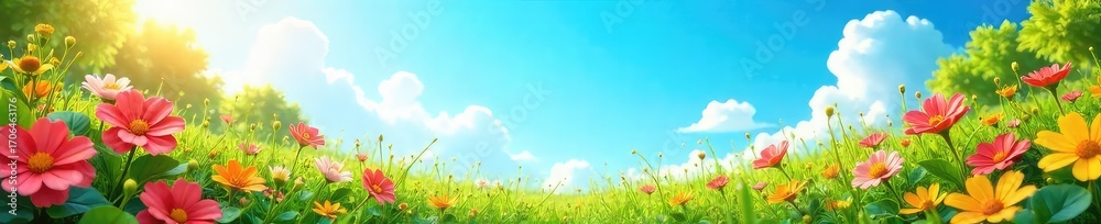 Fototapeta premium Vibrant summer scene with lush greenery, bright flowers, and a clear blue sky Perfect for travel, vacation, or summer-themed projects Sun-drenched, cheerful and idyllic , season, nature
