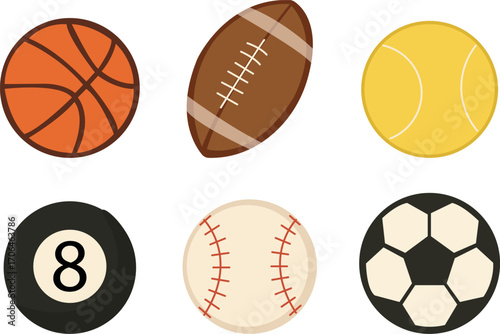 Sports Balls Set with Basketball, Football, Tennis, Billiard, Baseball, and Soccer Icons