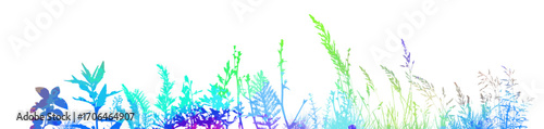 horizontal banners of meadow colored silhouettes with grass. hand drawn. Not AI, Vector illustration.
