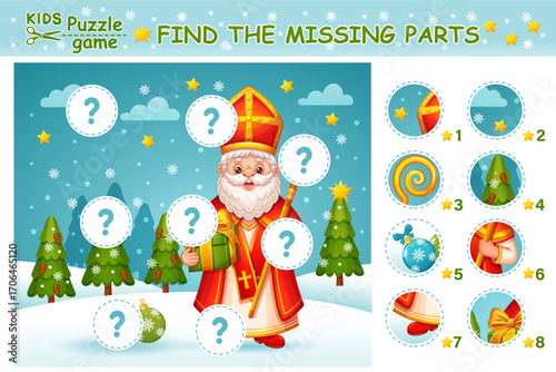 Find missing pieces Saint Nicholas, Sinterklaas picture, match parts. Children education puzzle game. St Nicholas holiday day. Complete Christmas Santa drawing. Kid logical learning worksheet. Vector
