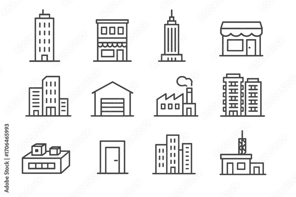 Obraz premium Commercial Building Icons. Line style icons of commercial buildings: office tower, mixed-use building, skyscraper, retail