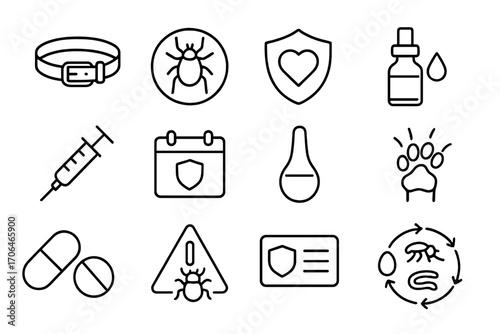 Parasite Prevention Icons. Line style icons of parasite prevention: flea collar, tick icon, heartworm shield, droplet treatment;