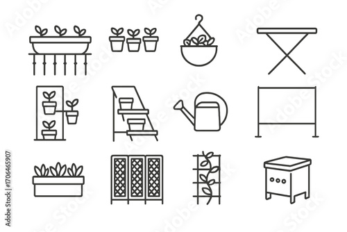 Balcony Gardening Icons. Line style icons of balcony gardening: railing planter, small pots, hanging basket, foldable table;