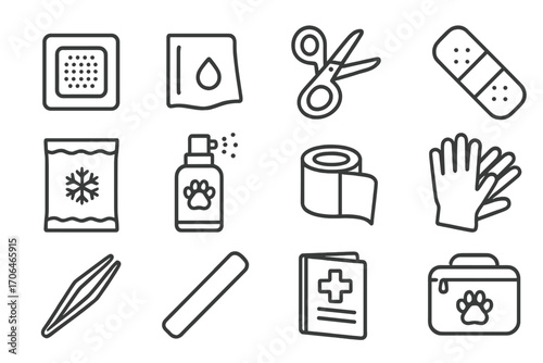 Pet First Aid Icons. Line style icons of pet first aid kit contents: gauze pad, alcohol wipe, emergency scissors, adhesive bandage