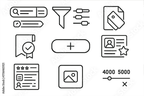 Job Platform Icons. Line style icons of job listing platforms: search bar with options, job filter icon, category tags, featured