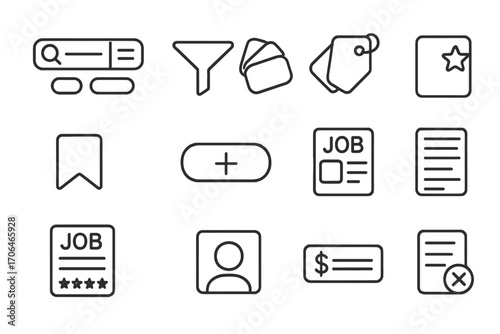 Job Platform Icons. Line style icons of job listing platforms: search bar with options, job filter icon, category tags, featured