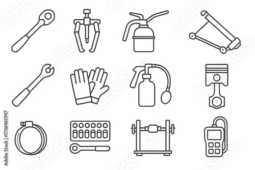 Mechanical Tools Icon Set. Line style icons of mechanical tools: ratchet wrench, gear puller, oil can, creeper board; torque