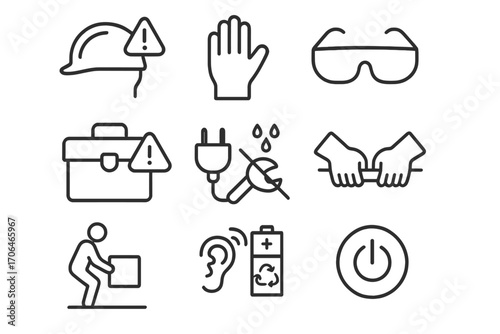 Tool Safety Icons. Line style icons of tool safety reminders: helmet alert, wear gloves, eye protection, tool storage warning;