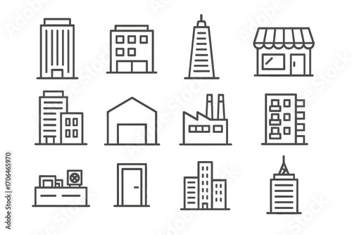 Commercial Building Icons. Line style icons of commercial buildings: office tower, mixed-use building, skyscraper, retail