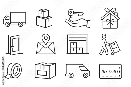 Relocation Icons. Line style icons of moving and relocation: moving truck, boxes stacked, key handover, housewarming gift; open