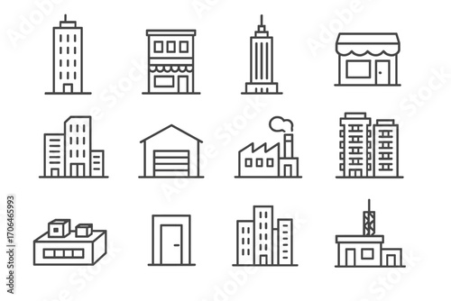 Commercial Building Icons. Line style icons of commercial buildings: office tower, mixed-use building, skyscraper, retail