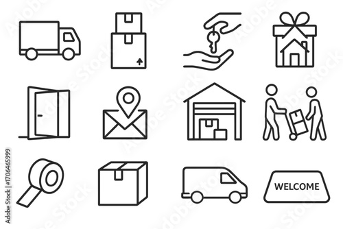 Relocation Icons. Line style icons of moving and relocation: moving truck, boxes stacked, key handover, housewarming gift; open