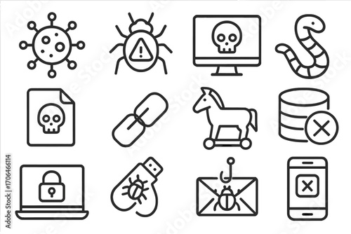 Cyber Threat Icons. Line style icons of malware and threats: virus icon, bug with alert, skull in screen, worm icon; malware file,