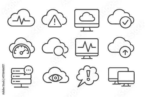Cloud Monitoring Icons. Line style icons of cloud monitoring: heartbeat cloud, alert triangle, monitor window, health check icon;