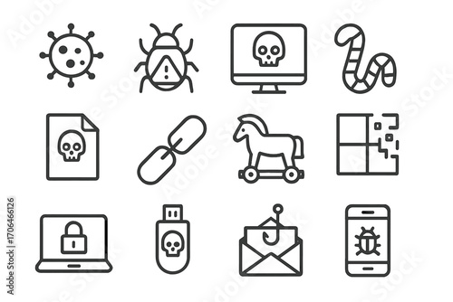 Cyber Threat Icons. Line style icons of malware and threats: virus icon, bug with alert, skull in screen, worm icon; malware file,