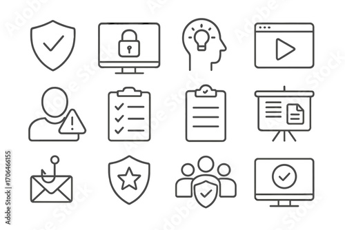 Cybersecurity Icons Collection. Line style icons of cyber awareness and training: shield with check, security training screen,