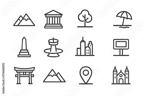 Line Art Landmarks. Line style icons of landmarks and destinations: mountain icon, museum building, park tree, beach umbrella;