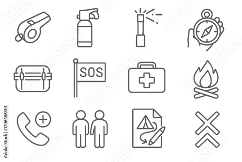 Safety Icons Collection. Line style icons of safety and survival: emergency whistle, bear spray, signal flare, compass in hand;