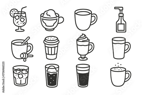 Specialty Drink Icons. Line style icons of specialty drinks: espresso tonic, affogato, café au lait, matcha latte; honey latte,