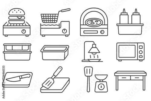 Fast Food Equipment Icons. Line style icons of fast food preparation: burger grill, fryer basket, pizza oven, sauce station;