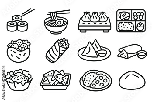International Fast Food Icons. Line style icons of international fast food: sushi roll, ramen bowl, dumpling tray, bento box;
