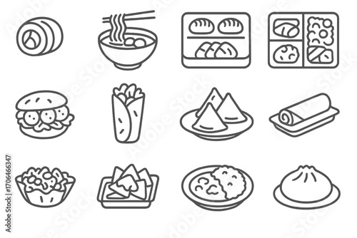 International Fast Food Icons. Line style icons of international fast food: sushi roll, ramen bowl, dumpling tray, bento box;