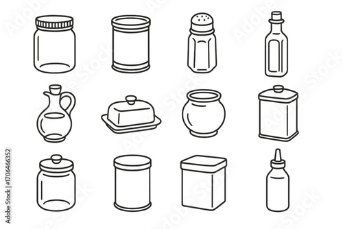 Essential Kitchen Icons. Line style icons of essential kitchen containers: glass jar, metal tin, spice container, oil bottle;