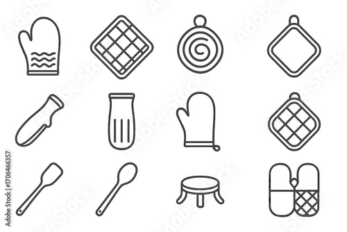 Heat-Resistant Kitchen Tools. Line style icons of heat-resistant tools: silicone mitt, heat pad, trivet, pot holder; cast iron