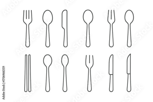 Line Style Utensil Icons. Line style icons of utensil sets: fork, spoon, knife, teaspoon; soup spoon, salad fork, dessert spoon,