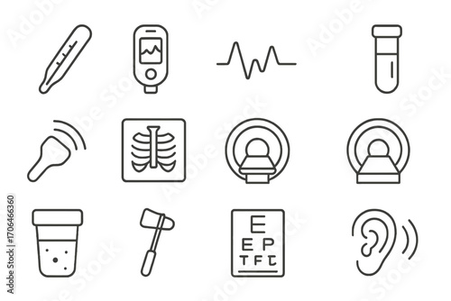 Medical Diagnostics Icons. Line style icons of body diagnostics: thermometer, pulse oximeter, ECG wave, blood test; ultrasound,
