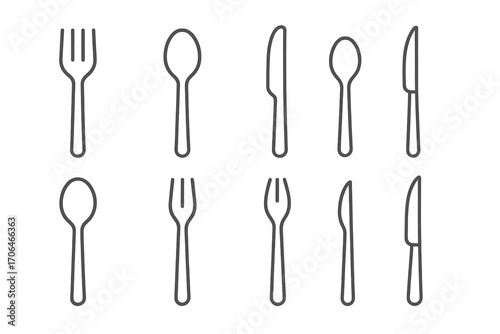 Line Style Utensil Icons. Line style icons of utensil sets: fork, spoon, knife, teaspoon; soup spoon, salad fork, dessert spoon,