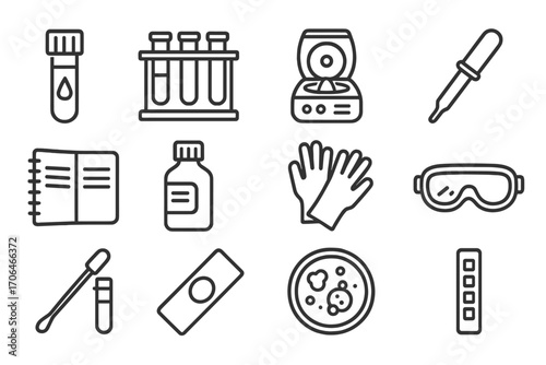 Lab Testing Essentials. Line style icons of lab testing: blood vial, test tube rack, centrifuge, pipette; lab notebook, reagent