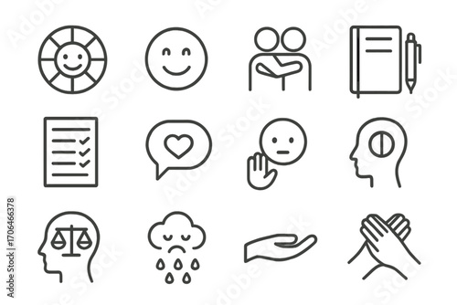 Emotional Balance Icons. Line style icons of emotional balance: mood wheel, smiling face, gentle hug, journal with pen; gratitude
