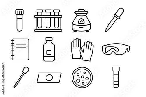 Lab Testing Essentials. Line style icons of lab testing: blood vial, test tube rack, centrifuge, pipette; lab notebook, reagent