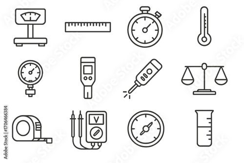 Scientific Measurement Icons. Line style icons of scientific measurement: scale, ruler, stopwatch, thermometer; pressure gauge, PH