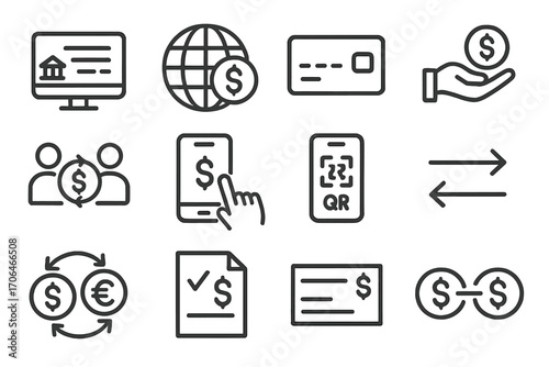 Money Transfer Icons. Line style icons of money transfer methods: wire transfer, international bank icon, SWIFT code, remittance