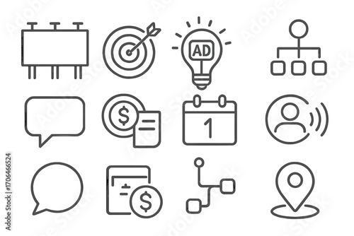 Advertising Strategy Icons. Line style icons of advertising strategy: billboard, target board, ad idea, lightbulb icon; media plan