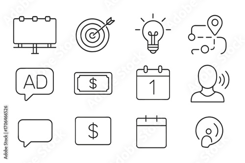 Advertising Strategy Icons. Line style icons of advertising strategy: billboard, target board, ad idea, lightbulb icon; media plan