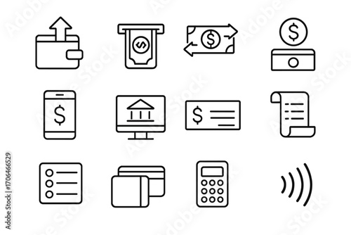 Financial Transactions Icons. Line style icons of financial transactions: deposit icon, withdrawal icon, money transfer, account