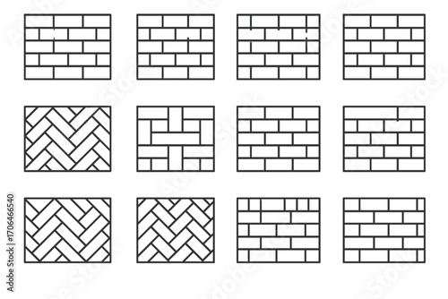 Classic Brick Patterns. Line style icons of classic brick patterns: running bond, stacked bond, Flemish bond, English bond;