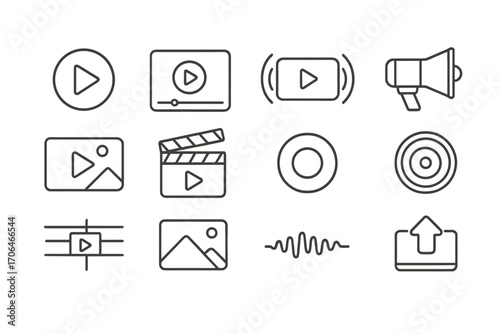 Video Marketing Icons. Line style icons of video marketing: play button, video player, streaming bar, video campaign; video ad