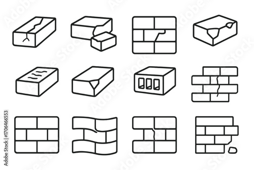 Damaged Brick Icons. Line style icons of broken and damaged brick: cracked surface, split brick, dislodged unit, broken corner;